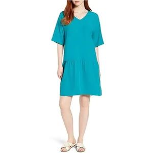 Eileen Fisher Drop Waist  Shirt Dress Turqoise PL